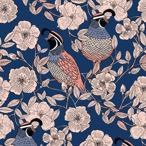 Quail and Wild Roses on Navy