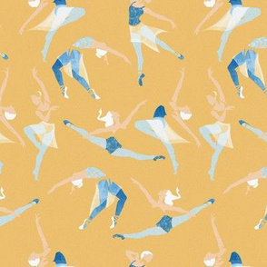 Tiny scale // Suspended Rhythm // yellow background blue and white ballet dancers