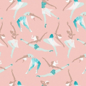 Tiny scale // Suspended Rhythm // pastel pink background teal and white ballet dancers
