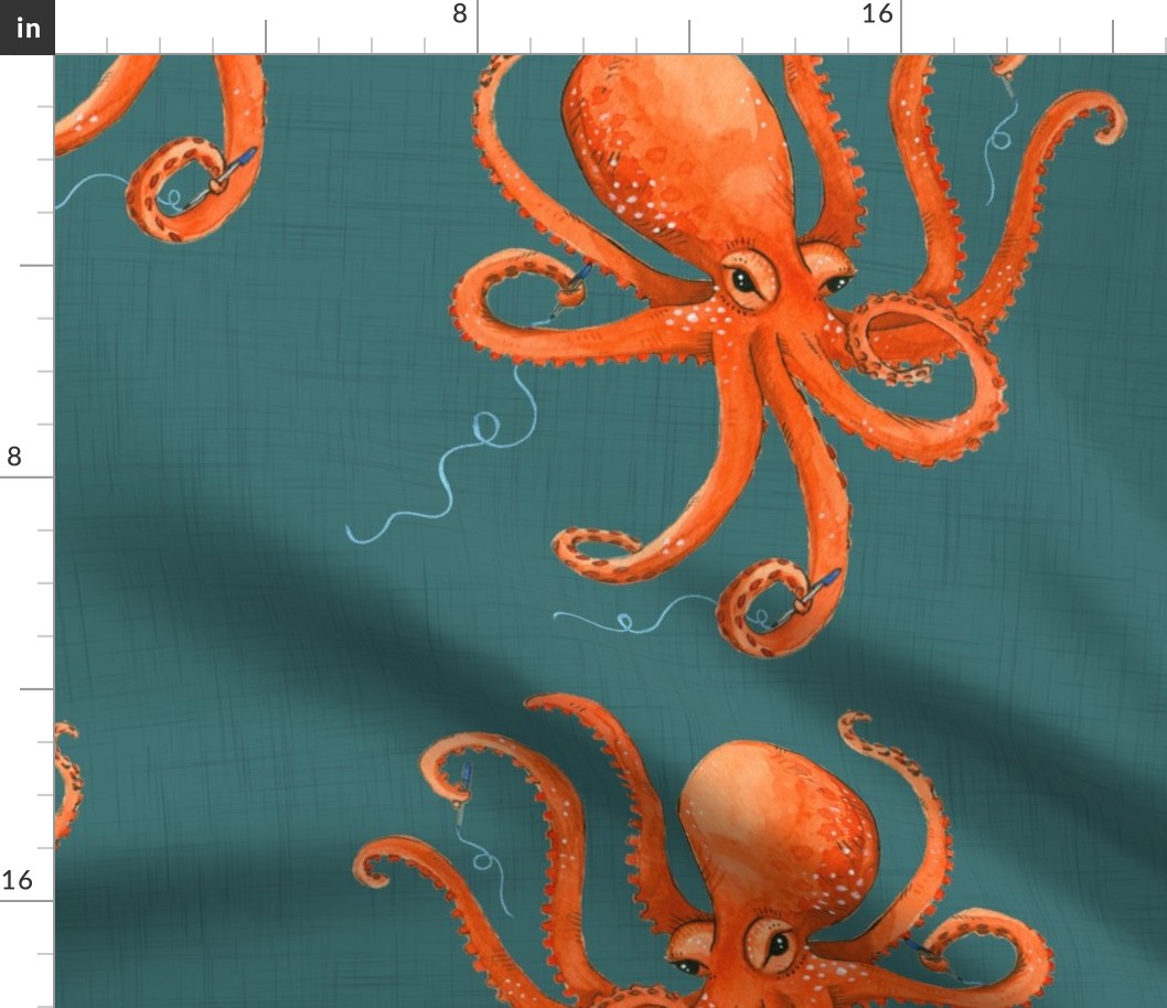 Large Octopus Pen Thief - on Dark Teal Linen