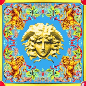 medusa gold yellow gold lions flowers floral filigree leaves leaf baroque Victorian coat of arms blue green red jewels gems ruby rubies orange brown rococo flourish swirls heraldry ornate frames crest acanthus gorgons Greek Greece mythology   inspir