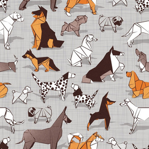 Normal scale // Origami doggie friends II // grey linen texture background paper dogs