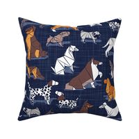 Normal scale // Origami doggie friends II // oxford navy blue linen texture background paper dogs