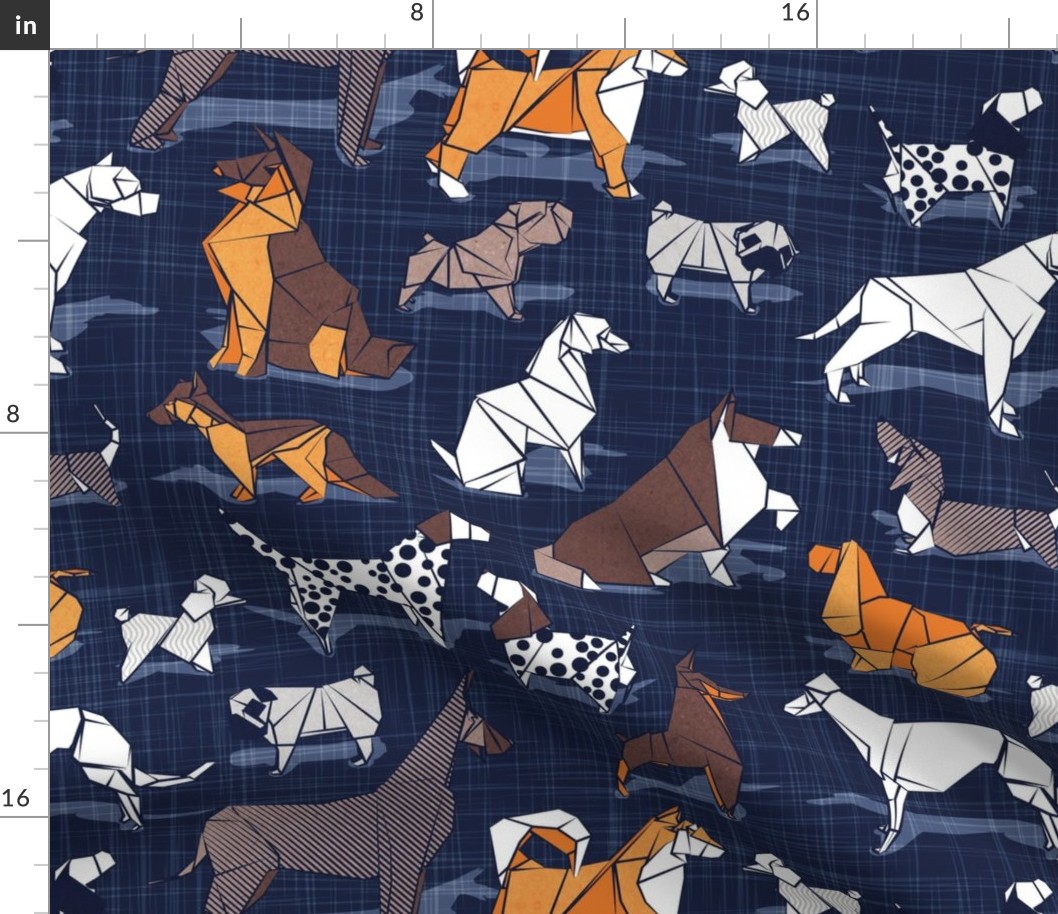 Normal scale // Origami doggie friends II // oxford navy blue linen texture background paper dogs