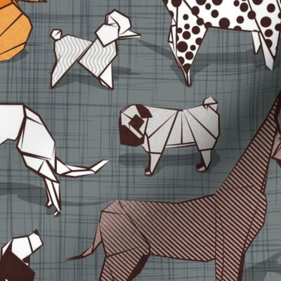 Normal scale // Origami doggie friends II // grey green linen texture background paper dogs