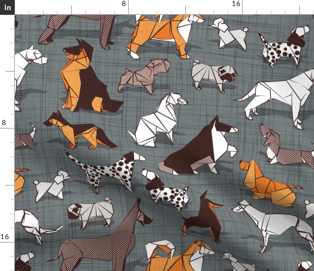 Normal scale // Origami doggie friends II // grey green linen texture background paper dogs