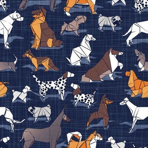 Small scale // Origami doggie friends II // oxford navy blue linen texture background paper dogs