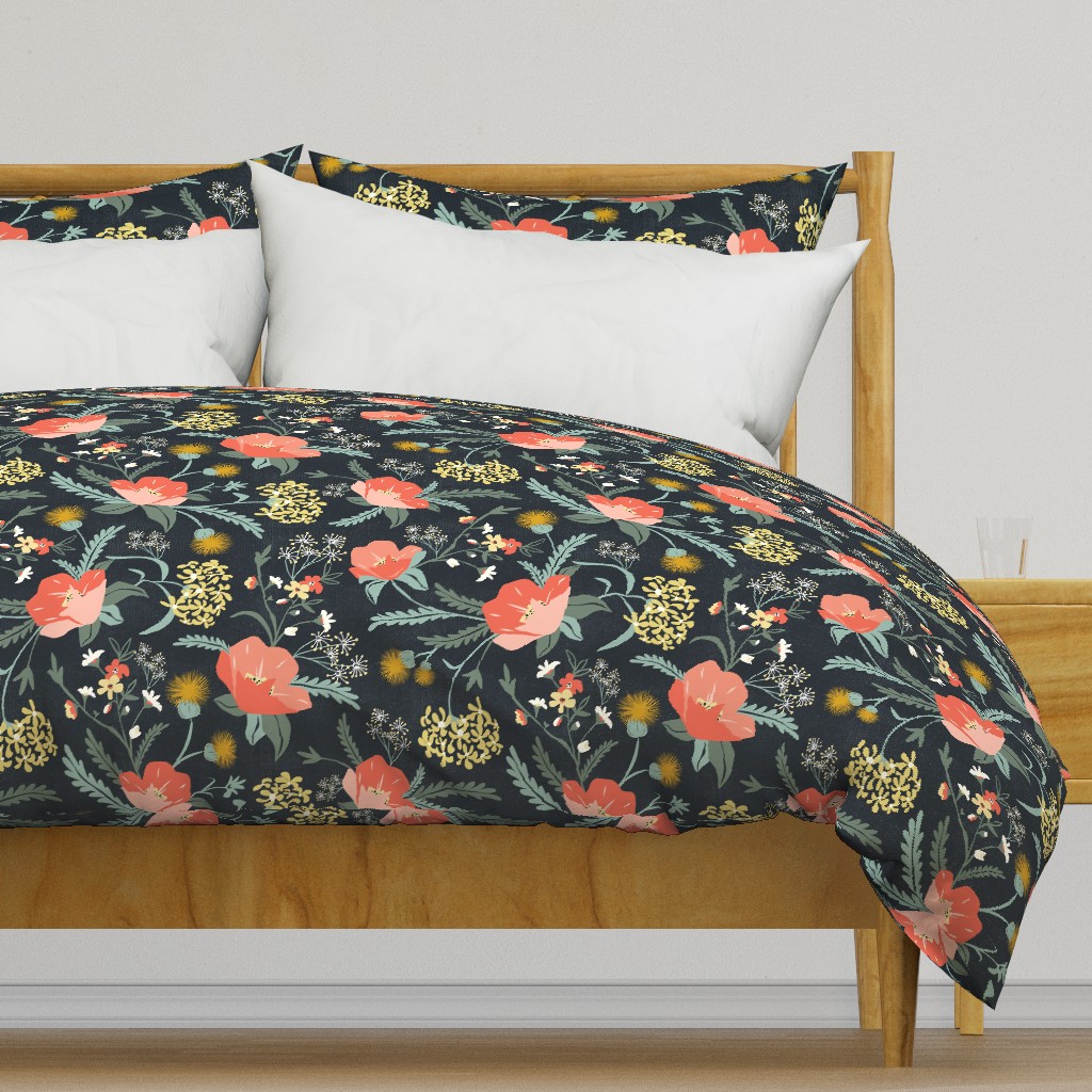 Poppy Meadow - Midnight Blue Coral Floral Large Scale