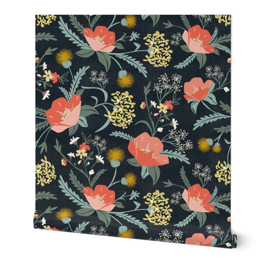 Poppy Meadow - Midnight Blue Coral Floral Large Scale