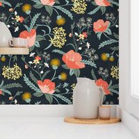 Poppy Meadow - Midnight Blue Coral Floral Large Scale