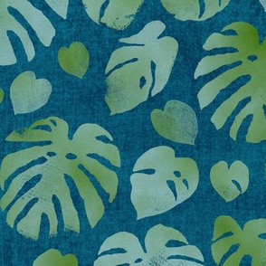 Block Printed Monstera Leaves | Tropical fabric, jungle fabric, house plant fabric in blue and green. 