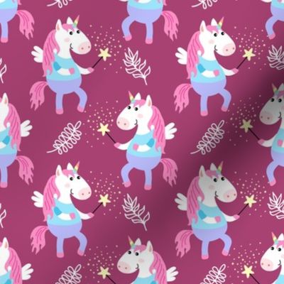 Cute unicorns on burgundy background