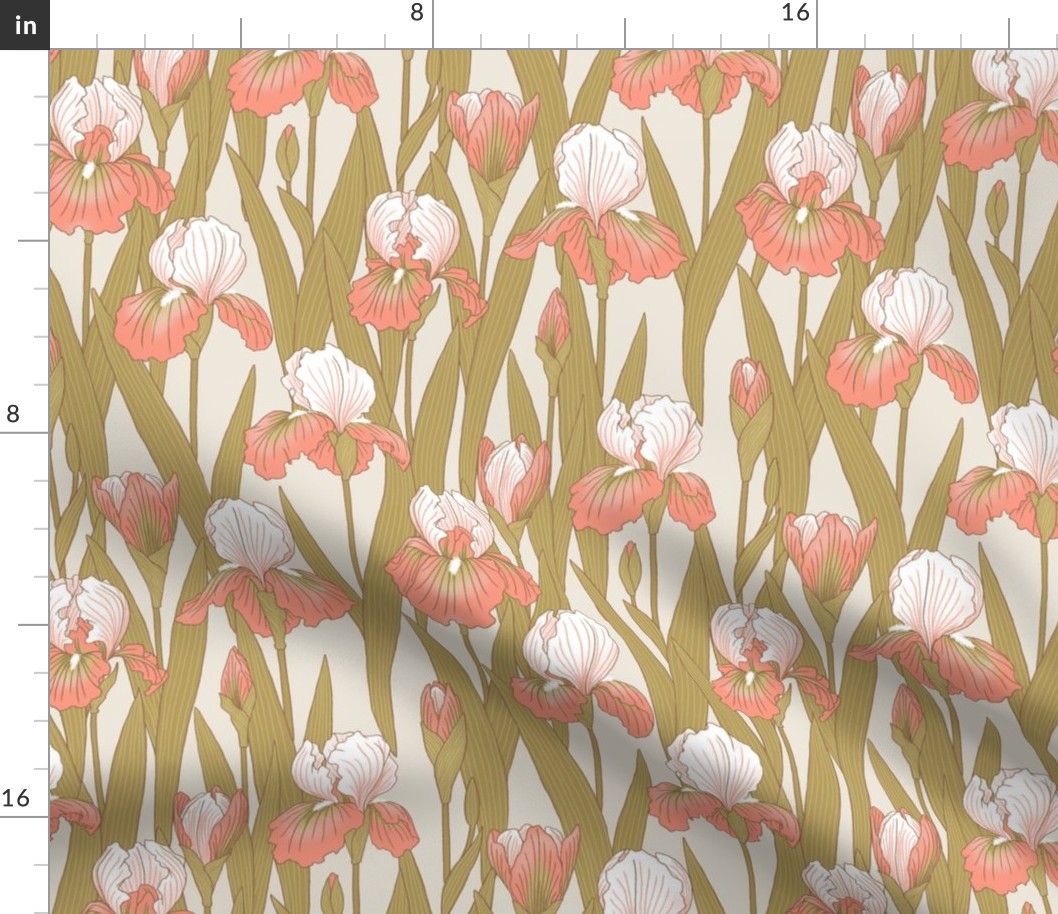 Irises in peach pink and antique gold