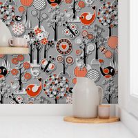 Paper Cut Mid Century Modern Nature Scene // Heart Trees, Birds and Butterflies Forest Scene // Red, Gray, Black and White