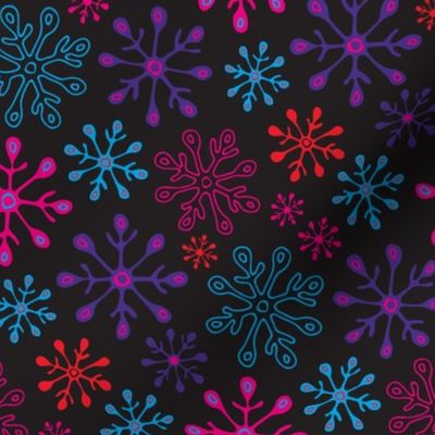 Snowflakes Winter Holiday Christmas in Non-Traditional Fuchsia Pink Blue Purple Red on Black - SMALL Scale - UnBlink Studio by Jackie Tahara