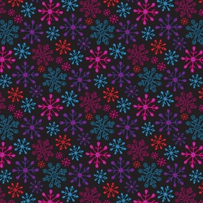 Snowflakes Winter Holiday Christmas in Non-Traditional Fuchsia Pink Blue Purple Red on Black - SMALL Scale - UnBlink Studio by Jackie Tahara