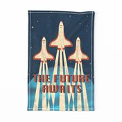 The Future Awaits Space Ship Planet and Stars Vintage Tea Towel Design