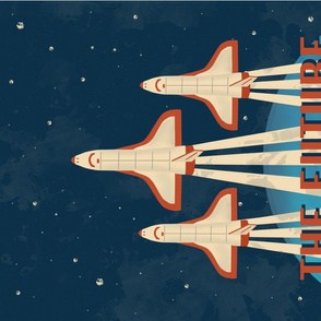 The Future Awaits Space Ship Planet and Stars Vintage Tea Towel Design