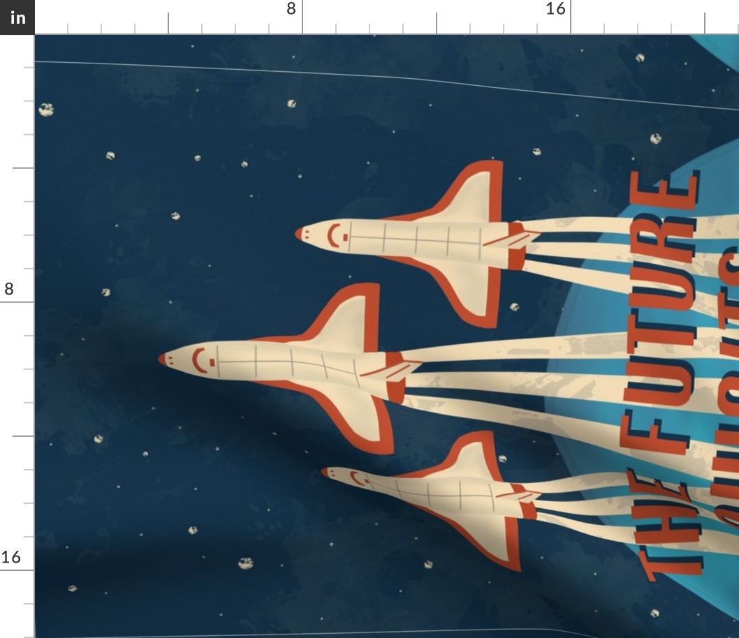 The Future Awaits Space Ship Planet and Stars Vintage Tea Towel Design