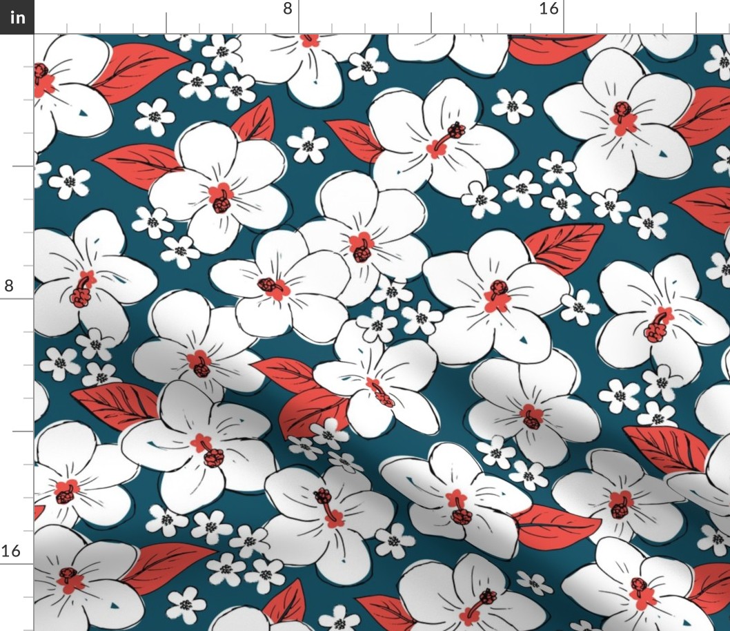 Hibiscus flowers and tropical island boho blossom beach vibes and summer hawaii nursery design navy blue red LARGE