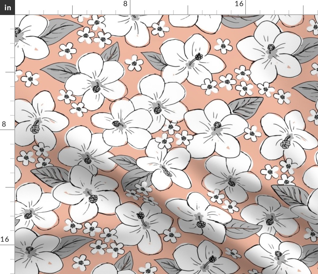 Hibiscus flowers and tropical island boho blossom beach vibes and summer hawaii nursery design coral peach gray white LARGE