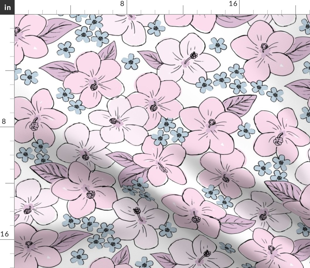 Hibiscus flowers and tropical island boho blossom beach vibes and summer hawaii nursery design pale pink lilac blue pastel girlsLARGE