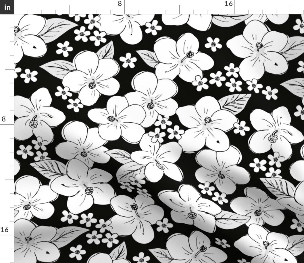 Hibiscus flowers and tropical island boho blossom beach vibes and summer hawaii nursery design winter monochrome black and white LARGE