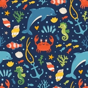 Under the sea. Summer bright design with dolphins, crabs and seahorses.