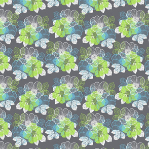 Flowers of peony - green, blue, white on gray