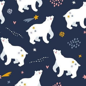 Night walk. Cute polar bears and stars