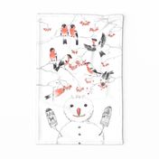 Bullfinches, rowan and a snowman tea towel