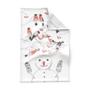 Bullfinches, rowan and a snowman tea towel