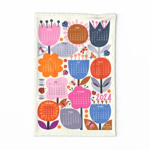 Tea Towel calendar 2025 retro flowers Fabric Spoonflower