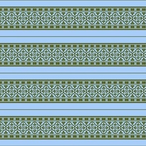 doll scale medieval-style quatrefoil borders, olive on sky blue