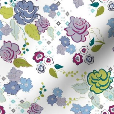 whimsical floral, ditsy floral farmhouse cottage floral purple blue green by terriconraddesigns