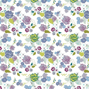 whimsical floral, ditsy floral farmhouse cottage floral purple blue green by terriconraddesigns