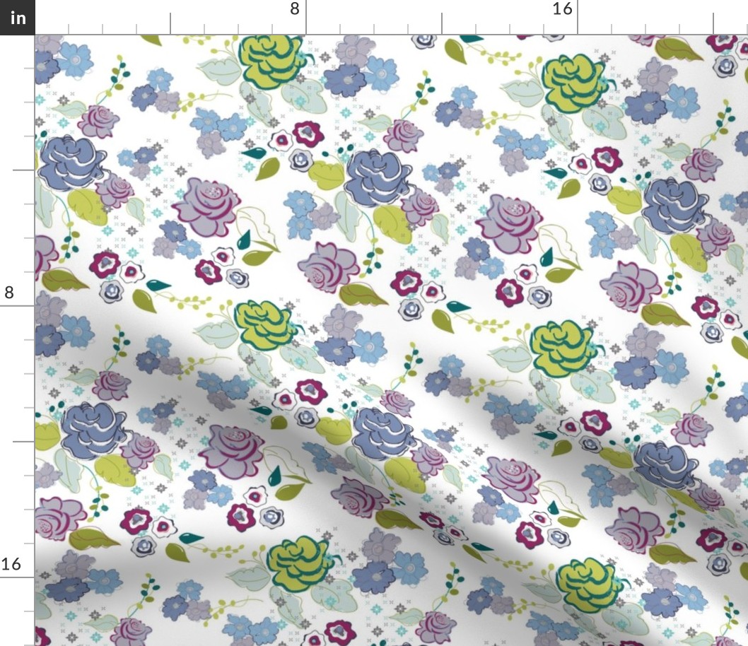 whimsical floral, ditsy floral farmhouse cottage floral purple blue green by terriconraddesigns