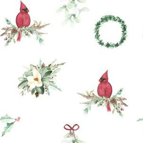 Christmas Cardinal White |Magnolia holly wreath pine |Renee Davis 