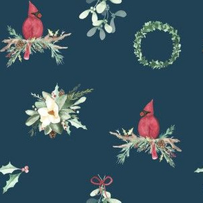 Christmas Cardinal Blue |Magnolia holly wreath misteltoe |Renee Davis 