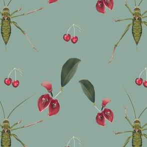 Bush-cricket , red blossoms and cherries