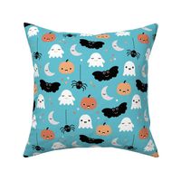 Cute ghosts pumpkin faces moon stars adorable bats and spiders happy kawaii halloween orange aqua blue LARGE