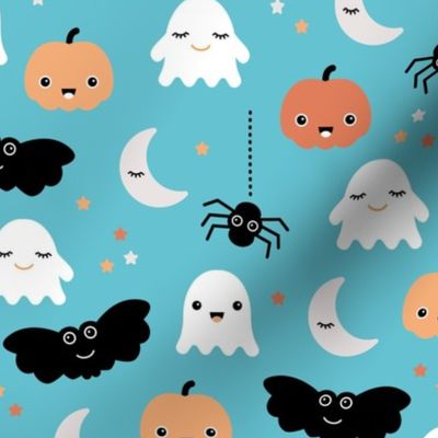 Cute ghosts pumpkin faces moon stars adorable bats and spiders happy kawaii halloween orange aqua blue LARGE