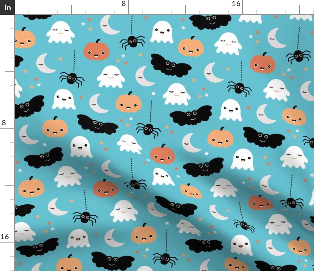 Cute ghosts pumpkin faces moon stars adorable bats and spiders happy kawaii halloween orange aqua blue LARGE