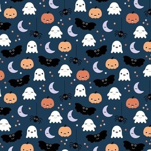 Cute ghosts pumpkin faces moon stars adorable bats and spiders happy kawaii halloween orange navy blue SMALL