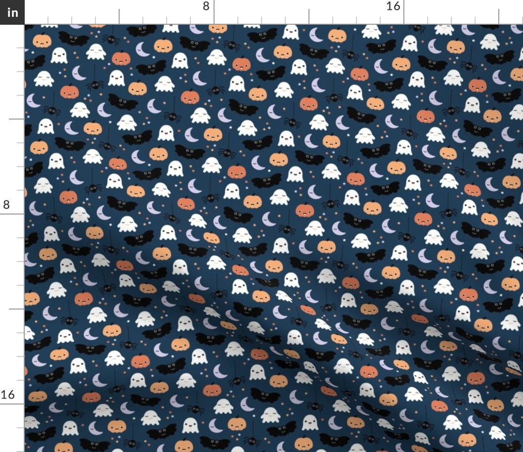 Cute ghosts pumpkin faces moon stars adorable bats and spiders happy kawaii halloween orange navy blue SMALL