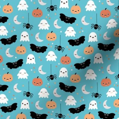 Cute ghosts pumpkin faces moon stars adorable bats and spiders happy kawaii halloween orange aqua blue SMALL