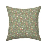 Forest Woodland with Fox Deer Hedgehog Owl & Trees on Dark Olive Green Smaller 1,75 inch