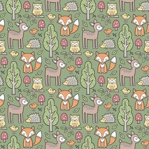 Forest Woodland with Fox Deer Hedgehog Owl & Trees on Dark Olive Green Smaller 1,75 inch