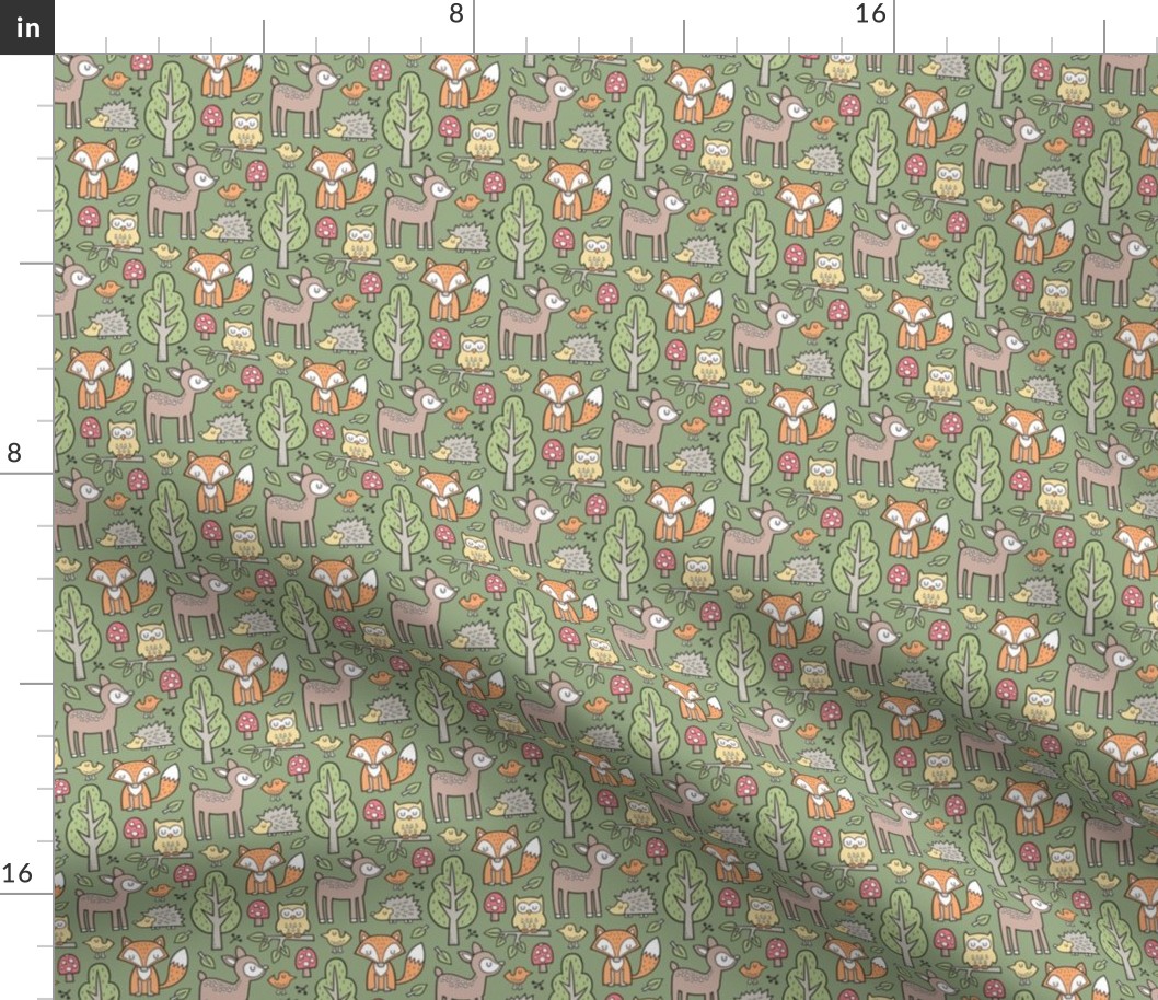 Forest Woodland with Fox Deer Hedgehog Owl & Trees on Dark Olive Green Smaller 1,75 inch