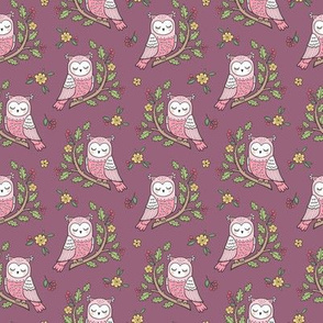 Dreamy Owl on a Branch with Flowers,Berries and Leaves on Mauve Smaller 1,75 inch